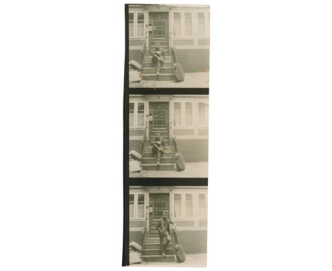 A trimmed vintage sixties contact sheet with three black and white images of Stuart Sutcliffe. The photographs were taken by 