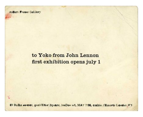 An exceptionally rare card invitation to the opening of John Lennon’s You Are Here exhibition that took place at the Robert F