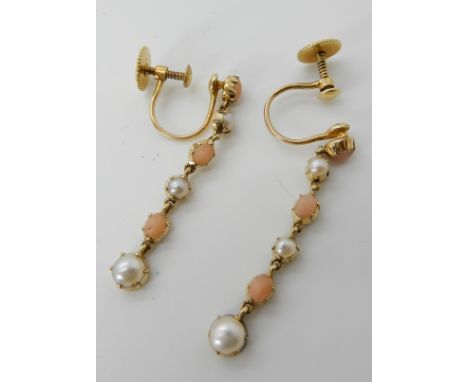 A pair of pearl and coral drop earrings with screw fitting, length 3.2cm, weight approx 3gms Condition Report: Available upon