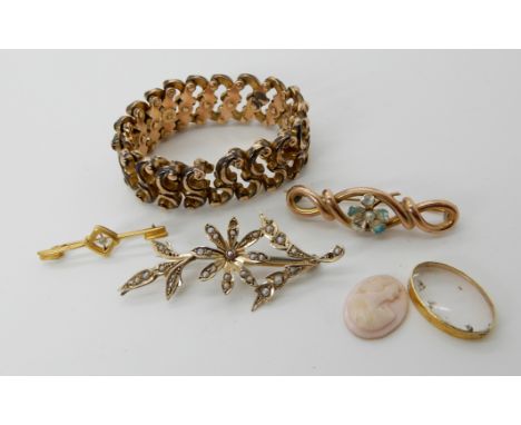 A 9ct gold flexine style bracelet stamped Baden (af), a 9ct pearl set brooch and other items Condition Report: Available upon