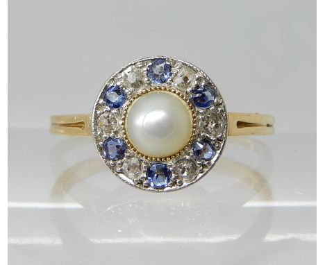 An 18ct gold diamond sapphire and pearl target shaped ring, finger size O1/2, weight 2.6gms Condition Report: Available upon 