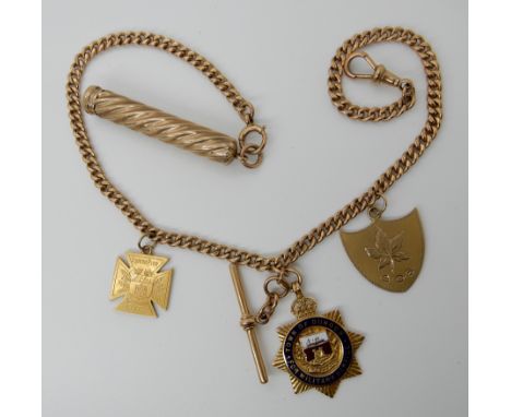 A 9ct rose gold watch chain hallmarked to every link 'T' bar and clasp, with attached 9ct gold dual ink pen and propelling pe