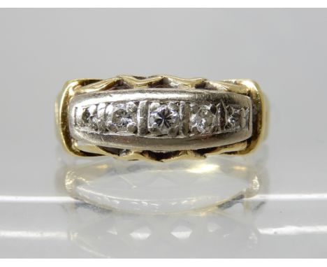 A 14ct gold five-stone diamond ring with pierced galleried mount, finger size O, weight 3.6gms Condition Report: Available up