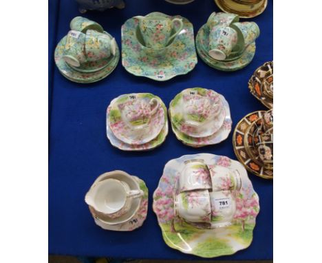 A Shelley Melody pattern teaset, comprising six cups, saucers and plates, cake plate, milk jug and sugar bowl, together with 