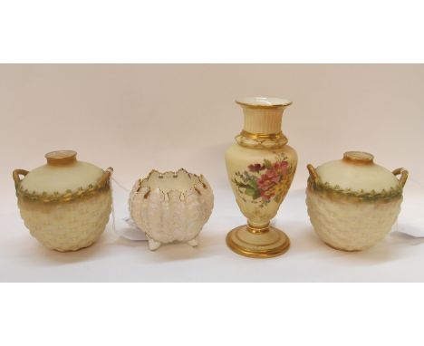 A pair of Royal Worcester basket weave blush ivory vases, shape number 2538, 9.5cm high, a vase decorated with flowers, shape