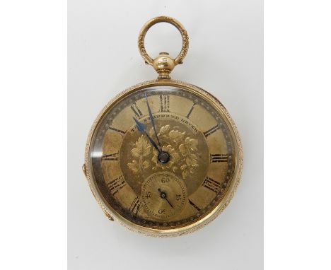 A 14k gold small pocket watch diameter 3.8cm, weight including mechanism and metal dust cover 42.6gms Condition Report: Avail