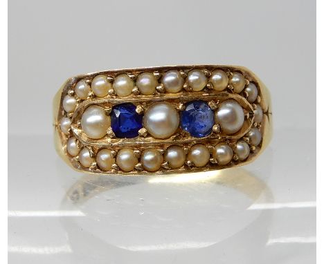 A 15ct gold blue gem and pearl ring, hallmarked Chester 1882, finger size K1/2, weight 2.7gms Condition Report: Available upo