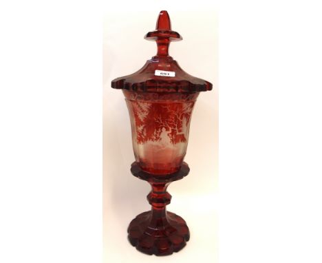 A Bohemian oversized ruby flashed jar and cover, with etched hunting scene, 53cm high (some def) Condition Report: The lid ha