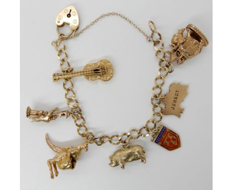 A 9ct gold charm bracelet to include seven attached 9ct and yellow metal charms to include an elephant with howdah, and a kan