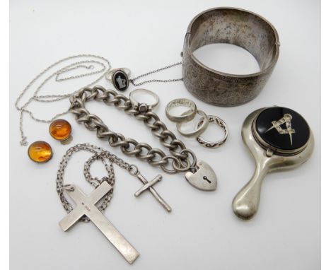 A wide silver bangle, a silver curb chain bracelet, a Lord Of The Rings inscribed silver ring, a Masonic powder compact and o