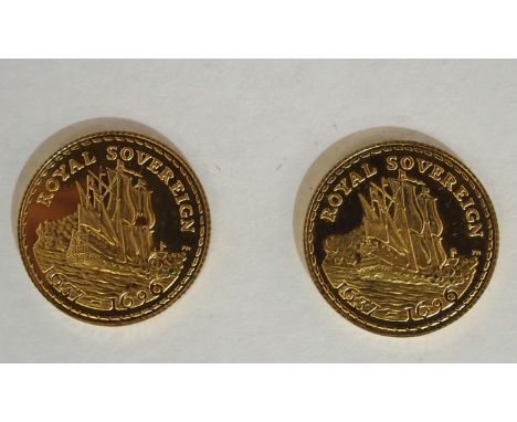 A lot comprising two replica Royal sovereigns in 9ct gold, 6.2gms total weight Condition Report: Available upon request