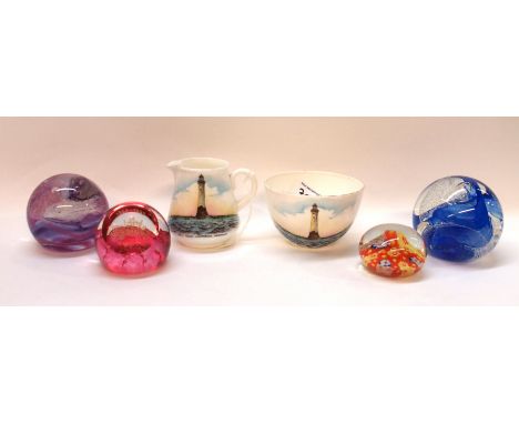 A Shelley milk jug and sugar bowl decorated with Bell Rock Lighthouse, Arbroath, three Caithness paperweights and another Con