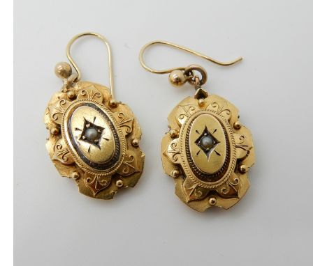 A pair of yellow metal pearl set Victorian earrings, length 3.2cm (modern ear wires) weight 3.5gms Condition Report: Availabl