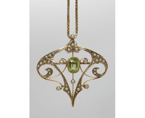 A 9ct gold peridot and pearl Edwardian pendant 3.8cm x 3.8cm with a 9ct gold box chain length 62cm, weight 9.3gms Condition R
