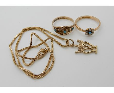 A 9ct gold luckenbooth and herringbone chain and two 9ct gold turquoise glass and gem set rings, weight approx 8gms Condition