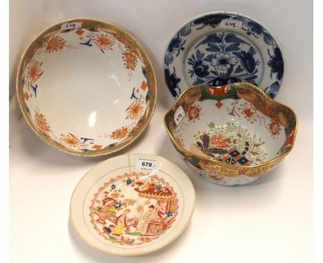 A Spode imari palette bowl, another unmarked similar decorated example, a "Delft blue and white plate and a Chinoiserie style