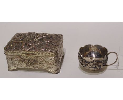 A small Chinese silver cup decorated with a dragon, 4cm diameter x 2cm high and a Chinese white metal trinket box, 9cm long C