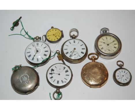 Two silver cased pocket watches, gold-plated pocket watch, three other pocket watches and fob watches Condition Report: Avail