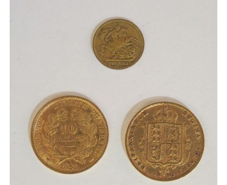 A gold half-sovereign, 1890 with a 10 francs gold coin, 1851 and a small coin marked counter (3) Condition Report: Available 