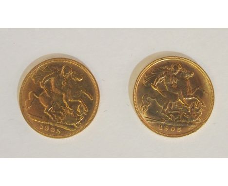 Two gold half sovereigns, 1902 and 1905 Condition Report: Both coins have surface scratches and minor pitting, the edges are 