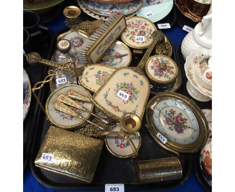 A collection of petit point dressing table items, including tray, clock etc Condition Report: Available upon request