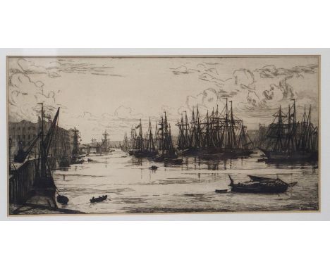 FREDERICK ALBERT SLOCOMBE Shipping in the Pool, Port of London, etching, 23 x 46cm Condition Report: Available upon request