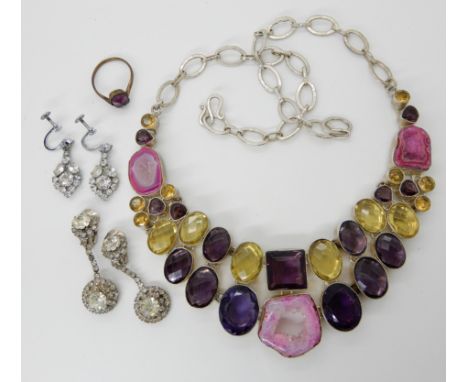 A white metal agate geode and gem set necklace and other items Condition Report: Available upon request