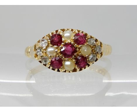 An 18ct gold rose cut diamond, red gem and pearl cluster ring, hallmarked Birmingham 1889, finger size O1/2, weight 3.1gms Co