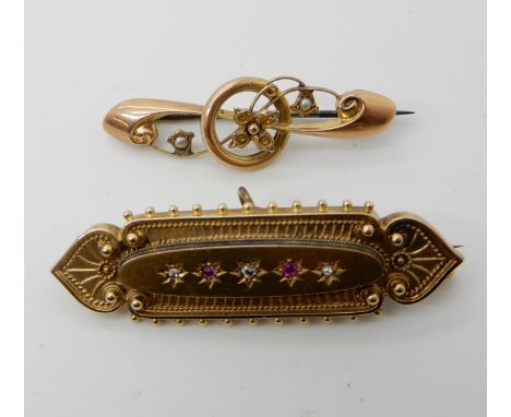 A 15ct diamond and ruby set locket back brooch together with a pearl example, probably in 9ct, weight for both 7.8gms Conditi