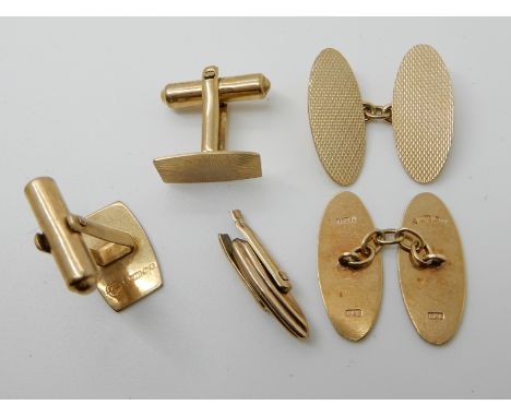 Two pairs of 9ct gold engine turned engraved cufflinks and a piece of another cufflink weight approx 13.1gms Condition Report