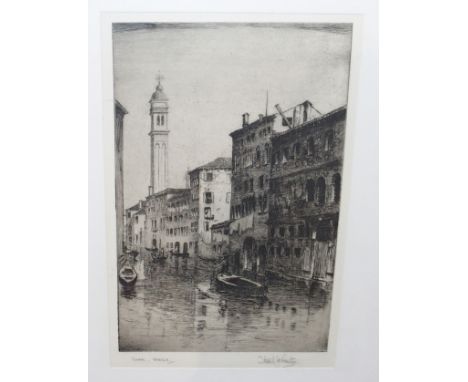 STEWART JOHNSTON Canal, Venice, signed, etching, 28 x 18cm and four others (5) Condition Report: Available upon request