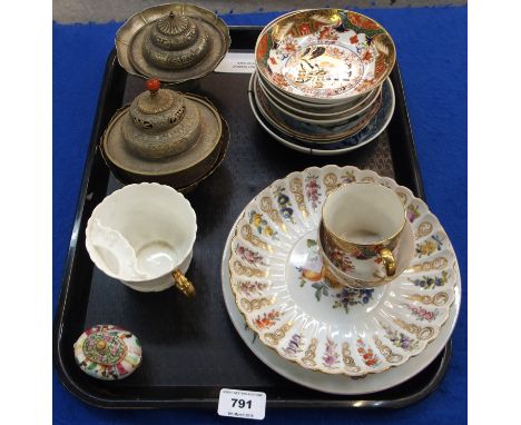 A Meissen fruit painted plate, 19.5cm, another painted with birds, a Spode cup and saucer, teabowls and other items Condition