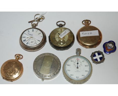 Two silver cased pocket watches, Omega stopwatch, gold-plated pocket watch etc Condition Report: Available upon request