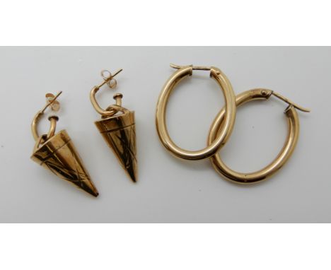 A pair of yellow metal cone shaped dangle earrings and a pair of 9ct gold creole earrings, weight 8gms Condition Report: Avai