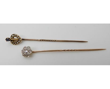 A 15ct gold diamond flower pin together with a pearl and sapphire example Condition Report: Available upon request