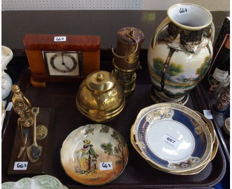 A Noritake two handled vase, two dishes, a Lipton's brass Empire Exhibition tea caddy dated 1924, amber Bakelite clock etc Co