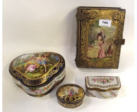 A French trinket box of oval form painted with a courting couple, with crossed arrow mark to base, 8cm long, a Sevres trinket