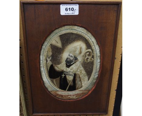 A SILK EMBROIDERED PORTRAIT of The Madonna,15 x 11cm, a pair of portrait heads and two printed and silk woven portraits of a 