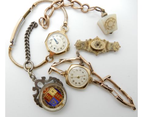 A 9ct gold ladies vintage watch and a further 9ct ladies vintage watch head with gold plated chain, a Masonic medallion with 