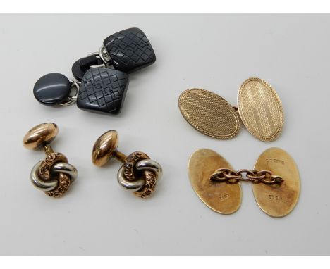 A pair of 9ct gold machine engraved oval cufflinks and another two pairs in mixed metals and plastic, weight of 9ct cufflinks
