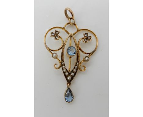 A 9ct gold blue gem and pearl Edwardian pendant, 4.7cm x 2.6cm, weight 3.5gms Condition Report: Available upon request