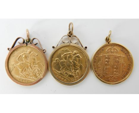 Three gold half sovereigns in 9ct gold pendant mounts, dated 1892, 1898 and 1912, weight for all three 15.1gms Condition Repo