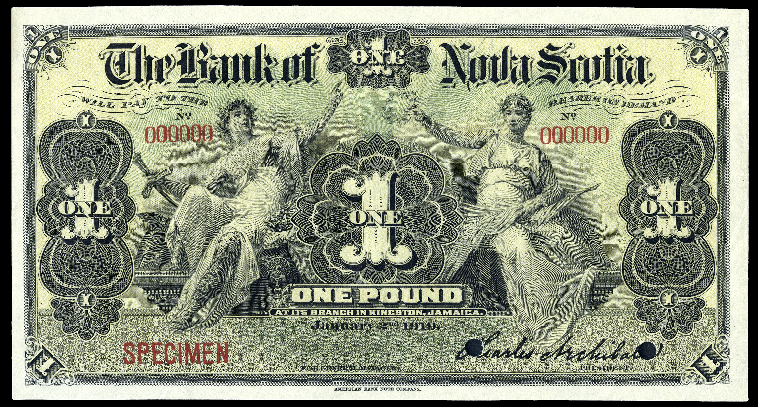 WORLD BANKNOTES, Jamaica, The Bank of Nova Scotia, One Pound, 2 January 1919, no ...3000 x 1613