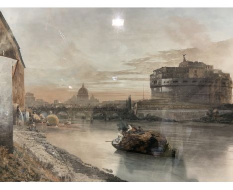 A large coloured print in gilt painted modern frame with large mount. W:110cm x H:88cm