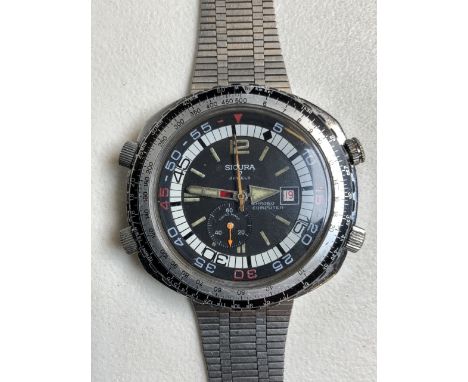 Sicura, Chrono Computer, a stainless steel bracelet wristwatch, circa 1970, manual wind movement, 17 jewels, black dial, lumi