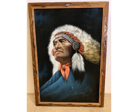 An oil portrait of a Native American Indian in war bonnet. Oil on textured felt in frame. Frame size W:70cm x H:101cm