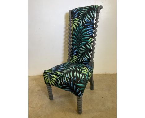 A painted barley twist and bobbin turned nursing chair with contemporary upholstery. Seat height H:40cm