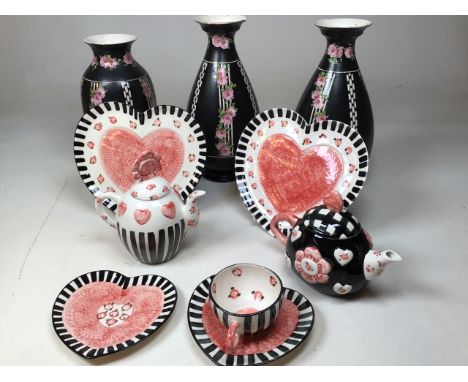 Three black and pink Crown Ducal vases ( 2 A/f) also with Alexander Ceramics black and pink teapots, heart shaped plates and 