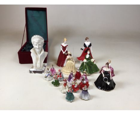 A quantity of figurines including Royal Worcester, Coalport, Leonardo, Royal Doulton and a bust of the Princess of Wales H:18