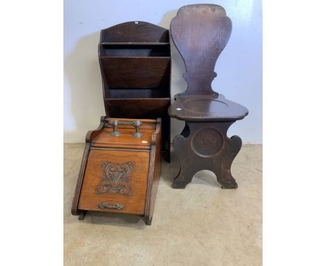 An early 20th century coal scuttle also with a set of oak shelves  and a commode chair. 